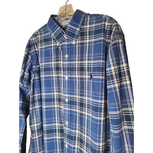 Ralph Lauren Blue Plaid Cotton Stretch Long Sleeve Shirt Button Down Large - Picture 1 of 9